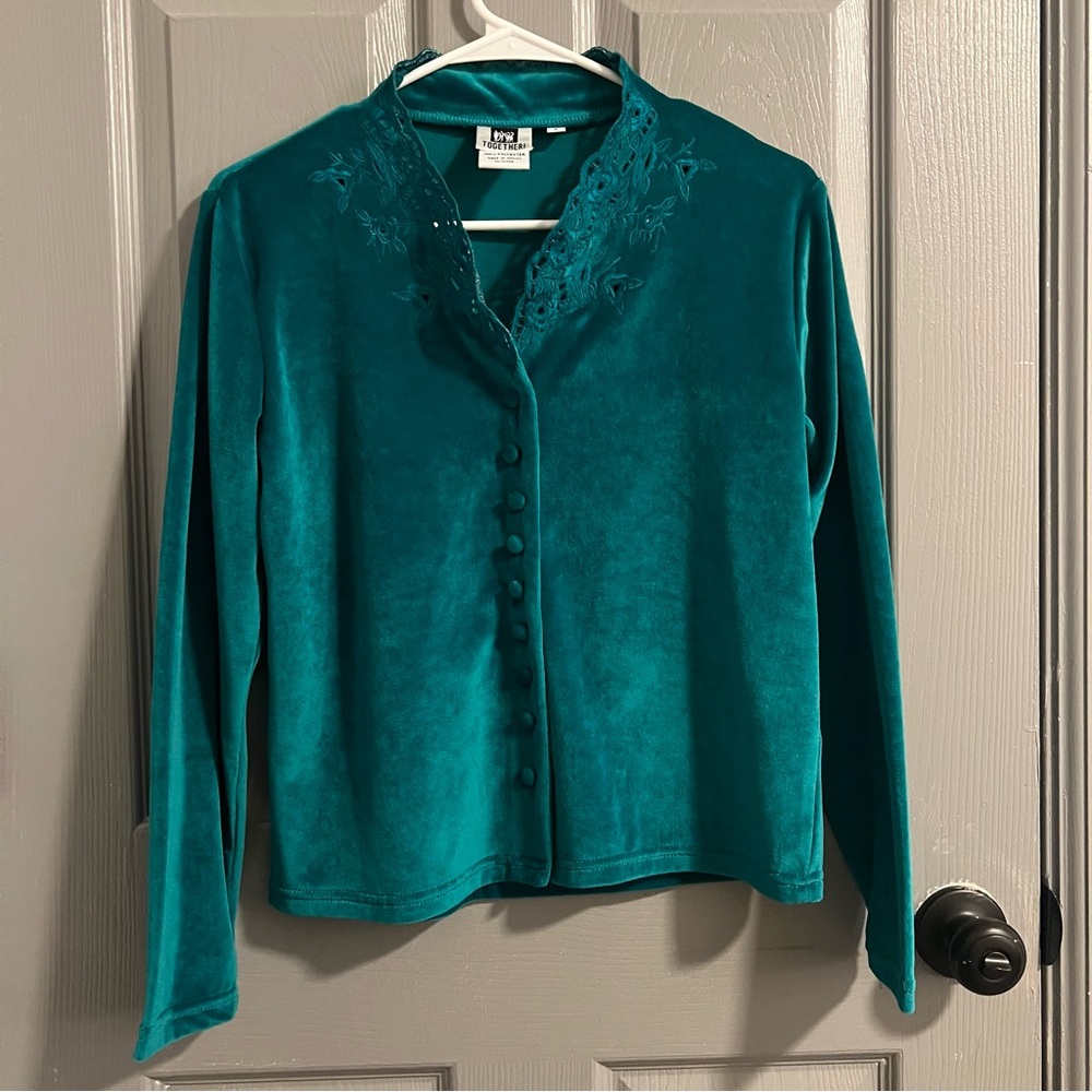 Together Teal Lace-Trimmed Button Top
